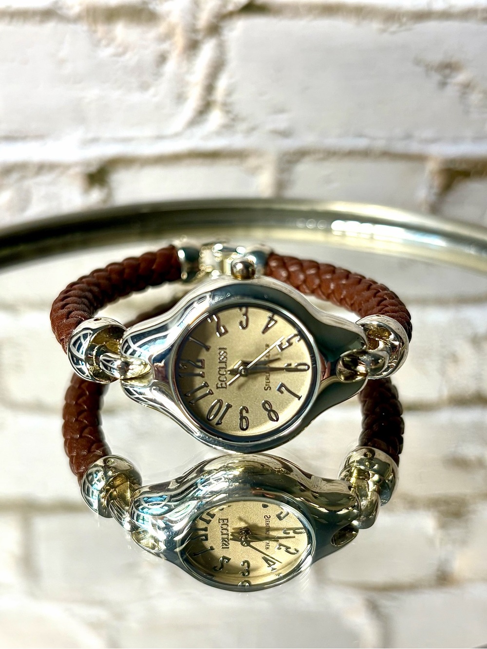 Ecclissi Women’s Quartz Wristwatch Sterling Silver Case Brown Leather Strap